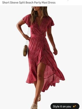 Women's Red Short-Sleeve High-Low Wrap Maxi Dress